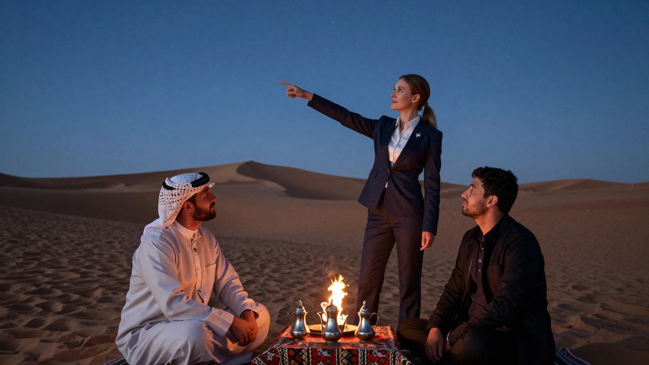 A professional escort and client in a desert camp at dusk, pointing at the stars over sand dunes.