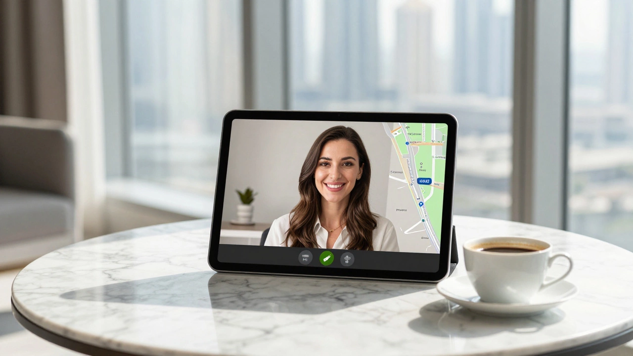 A video call between a Russian escort and client in a luxury Dubai hotel room, natural light streaming in.