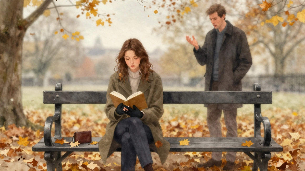 A woman removes her gloves on a park bench while a man stands nearby, his wallet lost in leaves nearby.